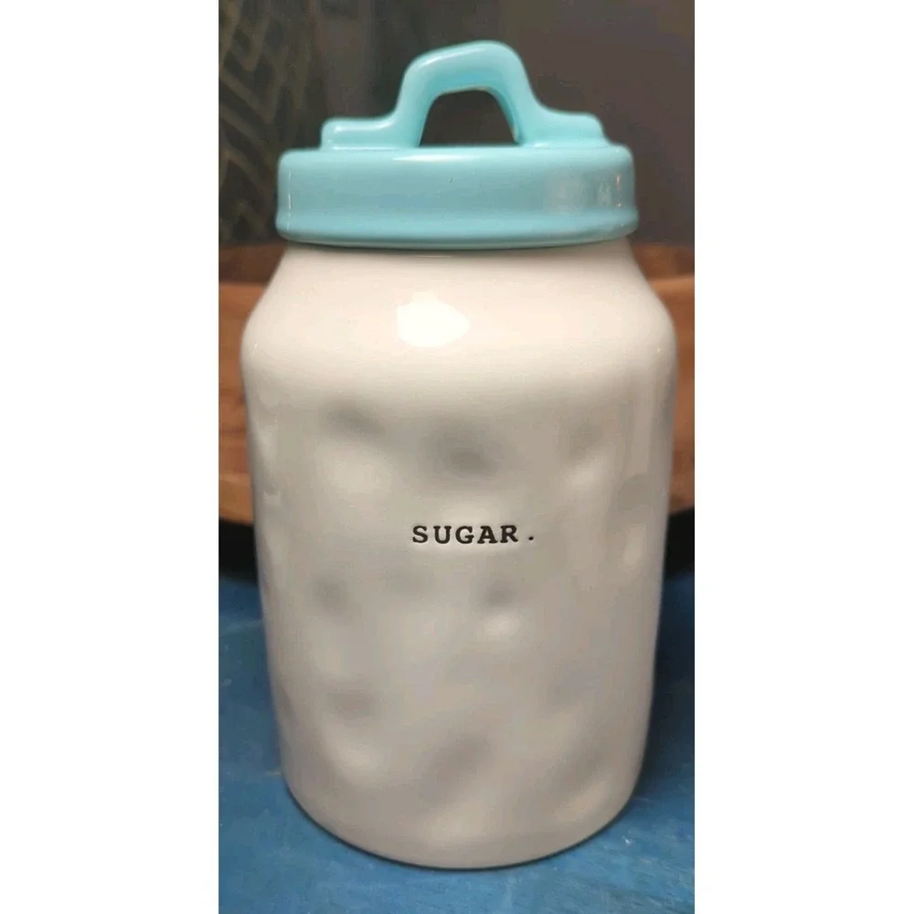 Rae Dunn Sugar Canister Jar w Blue Lid Typewriter Font Artisan‎ Collection 8in